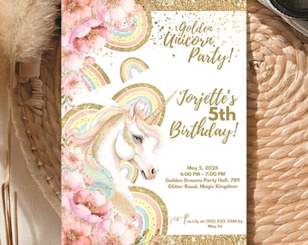 Unicorn Birthday Invite for Girls, Magical Pastel Rainbow Party Card, Editable Digital File, DIY Printable Birthday Template, Unicorn Theme