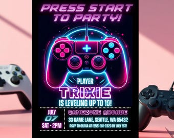 Game On verjaardagsuitnodiging meisje, gamer thema verjaardagsuitnodiging, bewerkbare sjabloon videogame, gamer meisje verjaardagsfeestje, Instant Download