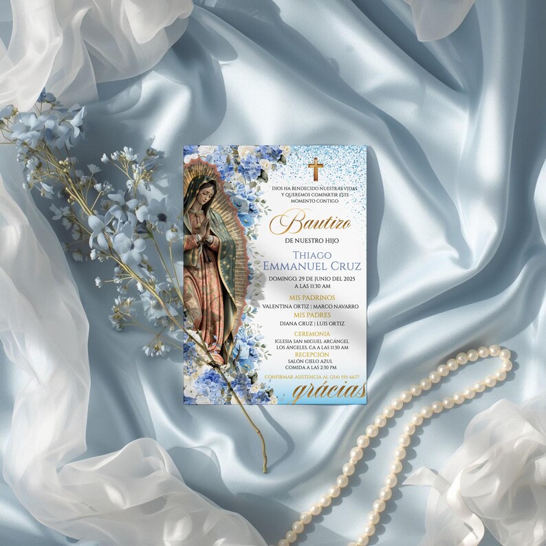 Imprimible Virgen De Guadalupe Baptism Invitation Boy, Blue Gold ...