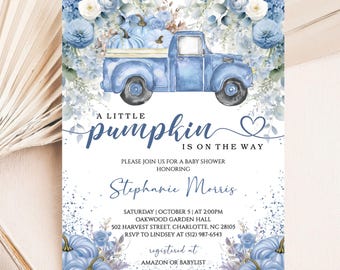Invito modificabile per baby shower a forma di zucca, invito per baby shower autunnale con camion blu, modello per baby shower autunnale con zucca per maschietto da scaricare digitalmente