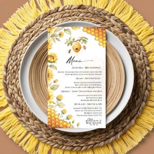 Modelo de cardápio para chá de bebê de abelha editável, Cardápio para chá de bebê de abelha doce, Cardápio de comida para abelha imprimível, Decoração para chá de bebê de abelha melífera CPC002