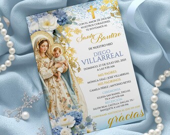 Redigerbar inbjudningsmall för Jungfru Maria Niño dop, Azul Digital Bautizo Tarjeta, Mi Bautizo Invitación en Español, Blue Christening