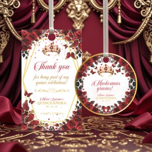 Editable Quinceañera Thank You Tag, Burgundy Red Gold 15th Birthday Party Favor, Mis Quince Anos Gracias Tags, Gracias Tag Instant Download