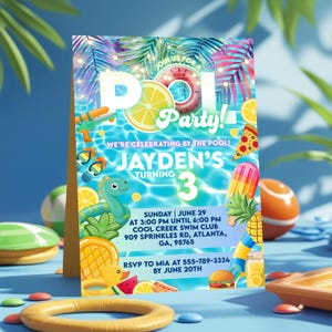 Blue Pool Party Invitation for Boys, Neon Glow Pool Party Invite Boy, Editable Swim Birthday Invitation, Swimming Party, Canva Template