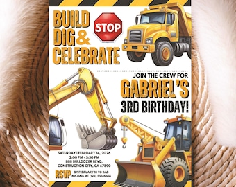 Construction Bday Party Invite Editable Dump Truck Invitation Printable Template Boy Outdoor Digital Excavator Modern Mobile Any Age