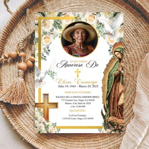 May include: A memorial card featuring a portrait of a woman in a hat, surrounded by floral and religious imagery. The card includes text in Spanish, with dates and service information. The design incorporates a gold frame and a depiction of the Virgin Mary.