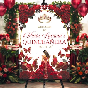 Burgundy Red and Gold Party Decor, Editable Quinceañera Welcome Sign, Red Floral Banner, Mis Quince Anos 15th Birthday Party Poster Download
