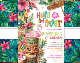 May include: A tropical-themed birthday invitation with a pink flamingo, tiki mask, and palm leaves. The text reads "Hula on Over" and "Madeline's 8th Birthday".