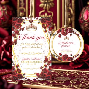 Red and Gold Quinceañera Thank You Gift Tag, Editable Round Label for 15th Birthday Party Favor, Mis Quince Anos, Canva Instant Download