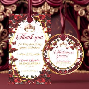 Mis Quince Anos Party Favor Tag, Editable Burgundy Red Rose Floral Gift Label, Quinceanera Gracias Tag, 15th Birthday, Instant Download