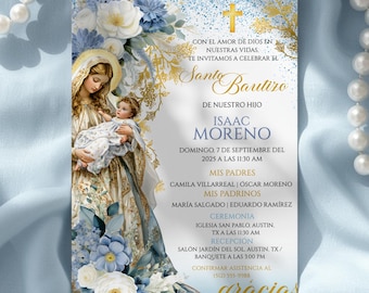 Redigerbar Jungfru Maria dopinbjudan, Niño Azul Digital Canva Mall, Mi Bautizo Invitación Católica, Spansk dop Blå Invitation