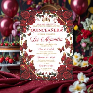 Quinceanera Invitation, Editable Burgundy Red & Gold, Butterfly Party Template Fiesta de Quinceañera, Floral Mis Quince Anos, Sweet 16 Tiara