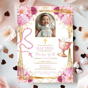 Pink Wildflower Baptism Invitation Girl, Minimalist Christening Editable Template, Digital Download 5x7 inch