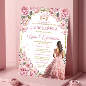 Pink Rose Gold Quinceañera Invitation, Invitaciones De Quinceañera Gratis EDITABLE Tiara Rose 15th Birthday Party Invite Template Mis Quince