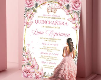 Convite Pink Rose Gold Quinceañera, Invitaciones De Quinceañera Grátis EDITÁVEL Tiara Rose 15º modelo de convite para festa de aniversário Mis Quince
