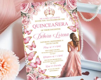 Pastel Butterfly Quinceañera Invitation, Editable Rose Gold 15th Birthday Party Invite, Invitaciones De XV Años, Mis Quince Anos Template