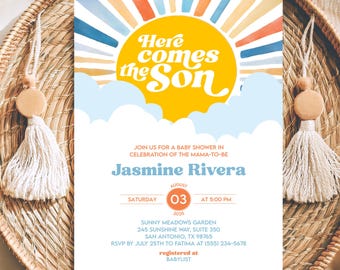 May include: Baby shower invitation with a sunny design. The invitation features a yellow sun with the text "Here comes the Son" and details for Jasmine Rivera's baby shower, including date, time, and location.