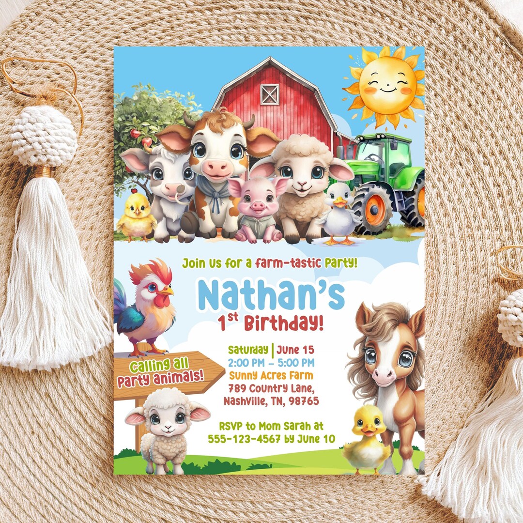 Editable Farm Birthday Invitation, Barn Animals Party Invite Template ...