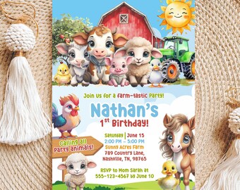 Bearbeitbare Bauernhof-Geburtstags-Einladung, Scheunentiere-Party-Einladungsvorlage, Ranch-Kindergeburtstag, Rote Barnyard-Tiere-Party, Jungenbauernhof-Einladung