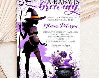 Puede incluir: Invitación a un baby shower con temática de brujas. La invitación presenta una silueta de una bruja embarazada sosteniendo una escoba, con el texto "A Baby is Brewing". La invitación incluye el nombre Olivia Peterson, la fecha, la hora y el lugar.