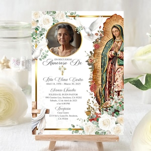 May include: A memorial card featuring a portrait of a woman, surrounded by floral and religious imagery. The card includes text in Spanish, with details of a funeral service, including the deceased's name, dates, and location.