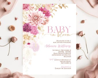 May include: A pink and white baby shower invitation featuring floral designs. The text reads "Baby in Bloom" and includes the name "Adriana Williams". The invitation details the date, time, and location of the shower, as well as the RSVP information.