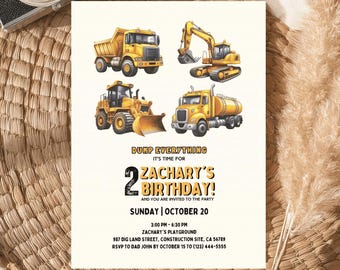 Digital Construction Birthday Invitation Editable Dump Truck Party Invite Printable Template Boy Outdoor Excavator Modern Mobile Bday