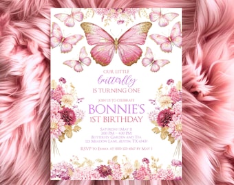 Bearbeitbare Schmetterlings-Geburtstagseinladung, Flutter Girl Party einladen, rosa lila Blumengarten, Blumenschmetterling Geburtstag, digitaler Download