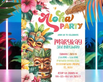 Tropische Geburtstagseinladung bearbeitbar, Hawaiianische Luau-Party einladen, Aloha-Geburtstagseinladung, Sommer-Strandparty-Vorlage Luau Party für jedes Alter