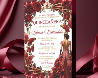 May include: A quinceañera invitation card with a burgundy and gold color scheme. The card features floral and butterfly illustrations, a crown, and the text "Mr. & Mrs. Fernandez invite you to celebrate the Quinceañera of their daughter Liliana Esmeralda."