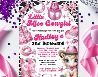 Little Miss Cowgirl Birthday Invitation, Nashville Party, Pink Cowgirl Party Invite, Space Cowgirl, Disco Rodeo, Editable Canva Template