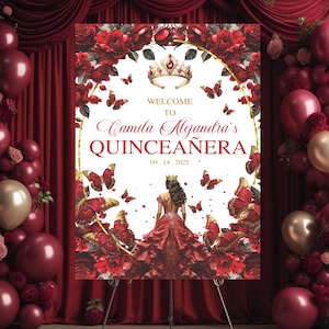 Quinceañera Welcome Sign, Tiara Princess Burgundy Red and Gold Rose, Butterfly Mis Quince XV, Digital Editable Template Poster Printabl