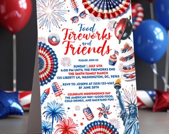 Independence Day BBQ Invitation, July 4th Party Invite, USA Party, Editable Canva Template, Food, Friends, Fireworks & Fun, Digital Download