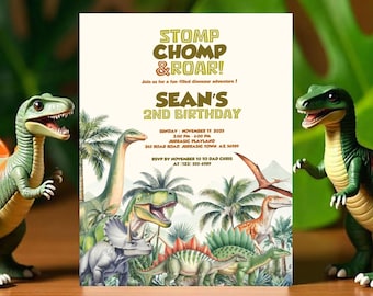 Dino Invite 2nd Birthday Boy, Dinosaur Party Invitation Template, Two Rex, EDITABLE Printable Digital Download, Stomp Chomp Roar