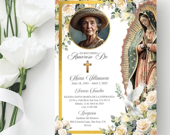 Invitación Funeral Español, Celebración Vida, Virgen Guadalupe Tarjeta Fúnebre, En Memoria Amorosa, Editable Plantilla Memorial Católico