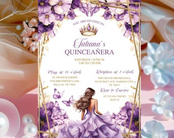 Purple Lilac Gold Butterfly Princess Quinceañera Invitation, Mis Quince Años, Editable Digital Card, Lilac Purple Gold Princess Template
