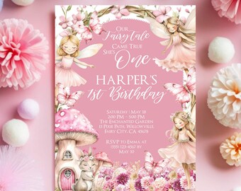 Editable Fairy 1st Birthday Invitation, Editable Boho Arch Template, Whimsical Garden Party Invite for Girl, Soft Pastel Floral Download