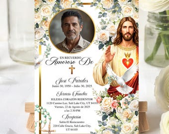 Funeral Invitation Spanish, Jesus Christ Floral Memorial, Catholic Funeral Invite, En Memoria Amorosa, Jesus Christ Floral Memorial Invite