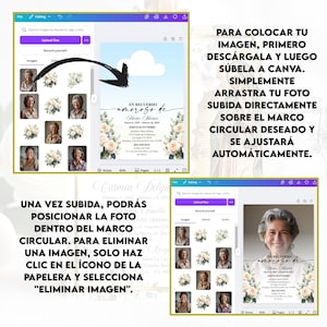 Peut inclure: Un mod&egrave;le num&eacute;rique pour une annonce de service comm&eacute;moratif. Il pr&eacute;sente une photo d'une femme, des d&eacute;corations florales et du texte en espagnol. Des instructions sur l'utilisation du mod&egrave;le sont &eacute;galement incluses.