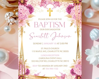 Editable Floral Wildflower Baptism Invitation Template, Dusty Pink Christening Invite Girl, Printable Baby Girl Baptism Instant Download