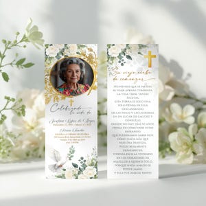 May include: A memorial bookmark with a photo of a woman in a gold frame, surrounded by floral and gold accents. The text includes dates, a church name, and a poem in Spanish. A dove is also featured.