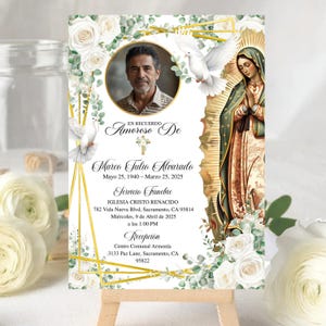 Tarjeta De Funeral Español, Virgen de Guadalupe Editable Invite, Funeral Invitation, Catholic Memorial Card Template, En Memoria de Floral
