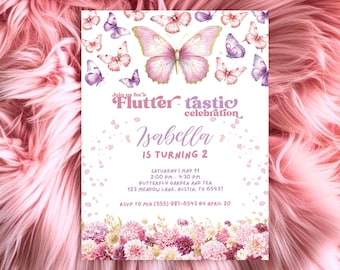 Flattern Sie auf über Geburtstagseinladung, Schmetterlings-Party einladen für Mädchen, Schmetterlings-Geburtstags-Einladung, rosa Schmetterlings-Blumengeburtstag einladen