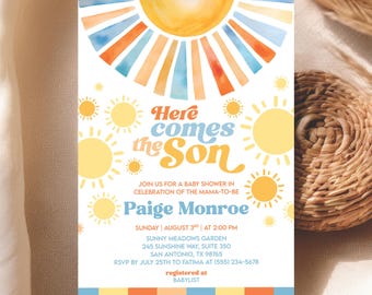 Here Comes The Son Baby Shower Invitation, Editable Boy Sonshine Boho Sunshine, Boy Sonshine Baby Shower Boho Sunshine Shower Digital Invite