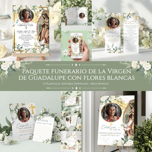 May include: A set of memorial templates with a portrait of a woman, the Virgin of Guadalupe, and white floral designs. Text includes "Amoroso De" and "Celebrated la vida de". The bundle includes various printables and a phone mockup.