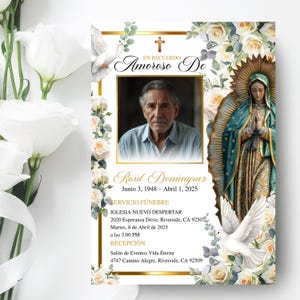 Spanish Funeral Card Template Editable Invitación, Funeral Spanish Invite Celebración Vida, Virgen Guadalupe, Tarjeta Fúnebre Personalizable