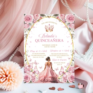 Elegant Pink Rose Gold Quinceañera Invitation, 15th Birthday, Mis Quince Años, Instant Download, Plantillas De Invitaciones Para 15 Años