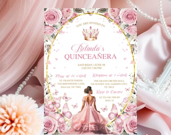 Elegant Pink Rose Gold Quinceañera Invitation, 15th Birthday, Mis Quince Años, Instant Download, Plantillas De Invitaciones Para 15 Años