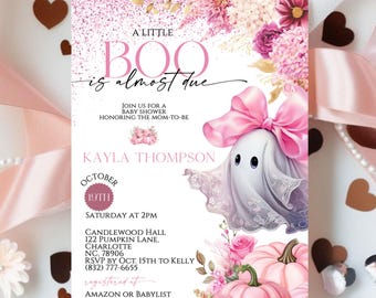 Ein kleiner Boo ist fast fällig Babypartyeinladung, bearbeitbare rosa Schleifen-Geist-Halloween-Einladung, Halloween-Babypartyeinladungs-Canva-Vorlage