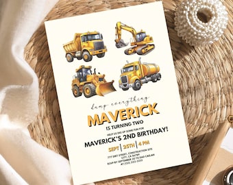 Excavator Construction Birthday Invitation Editable Dump Truck Party Invite Printable Template Boy Outdoor Digital Modern Mobile Invite